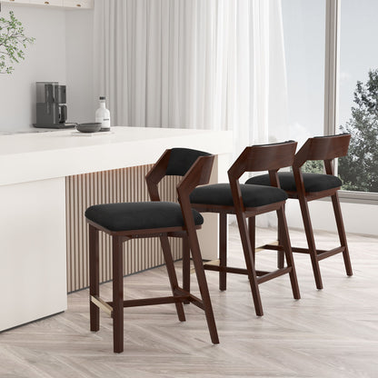 Patricia Counter Stool, four units, dark walnut wood frame, black cushion, counter height on Tampa Home & Garden Store