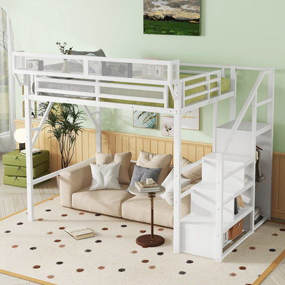 Full size white loft bed with stairs and storage shelves, mesh panels on Tampa Home & Garden Store