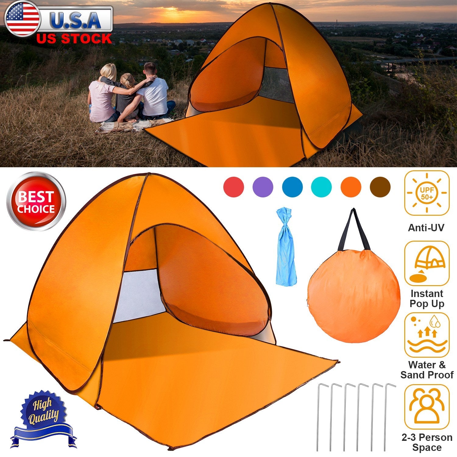 Pop-Up Beach Tent by GemGear orange anti-UV waterproof canopy for 2-3 person space on Tampa Home & Garden Store