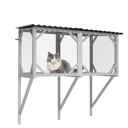 Cat Window Box cage in gray metal frame with wire mesh and corrugated roof, cat inside on Tampa Home & Garden Store