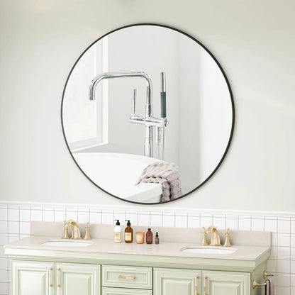 Wall circular mirror by Unique Piece Furniture with black metal frame above a bathroom vanity on Tampa Home & Garden Store