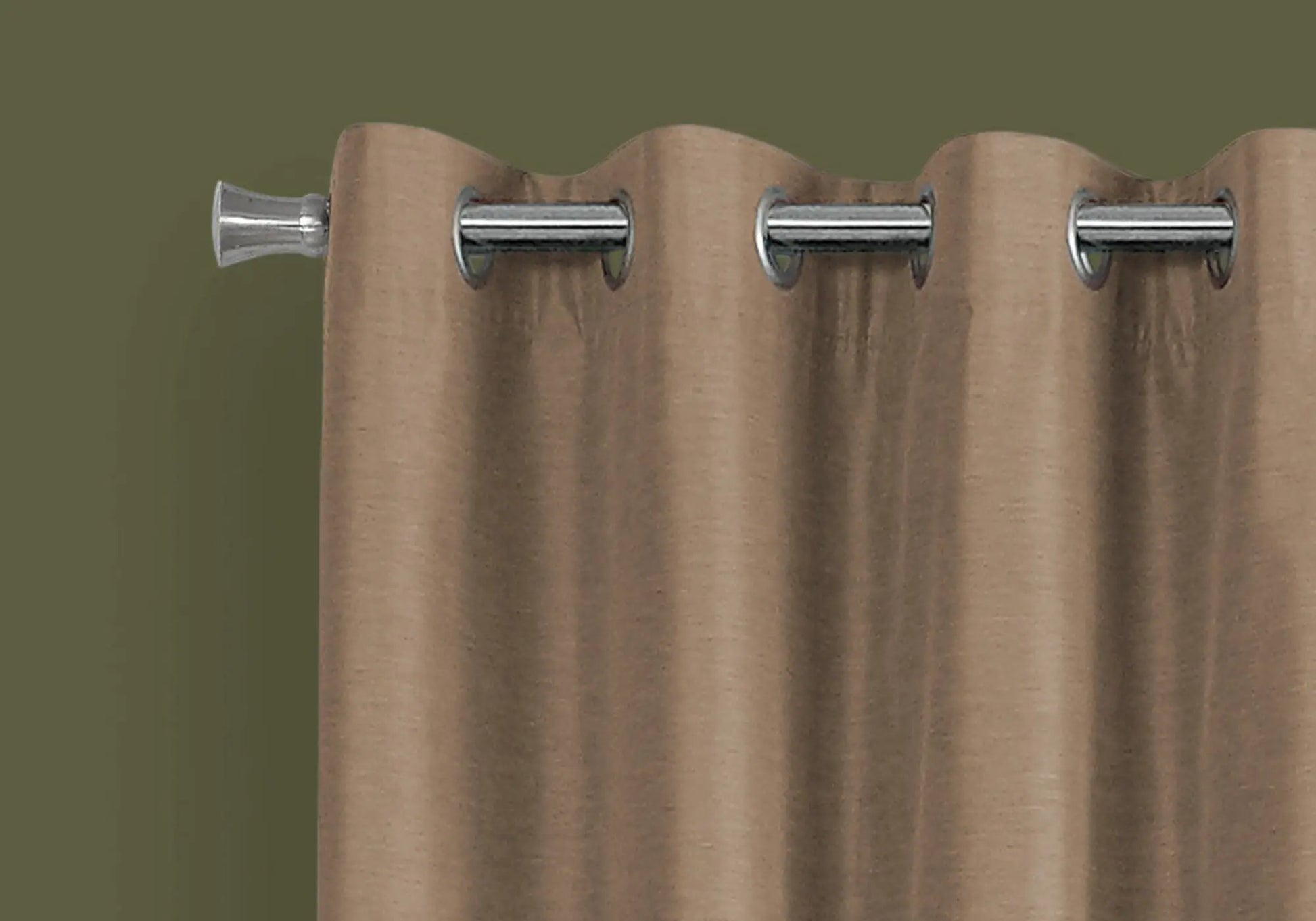 Curtain set 2-piece with tan room-darkening panels, grommets on a silver rod, contemporary style on Tampa Home & Garden Store