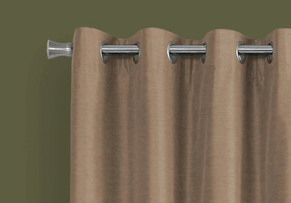 Curtain set 2-piece with tan room-darkening panels, grommets on a silver rod, contemporary style on Tampa Home & Garden Store