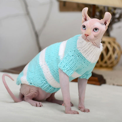 Hairless Cat Warm Sweater Pet Zen turquoise knit with white stripes for Sphynx cat 1 on Tampa Home & Garden Store