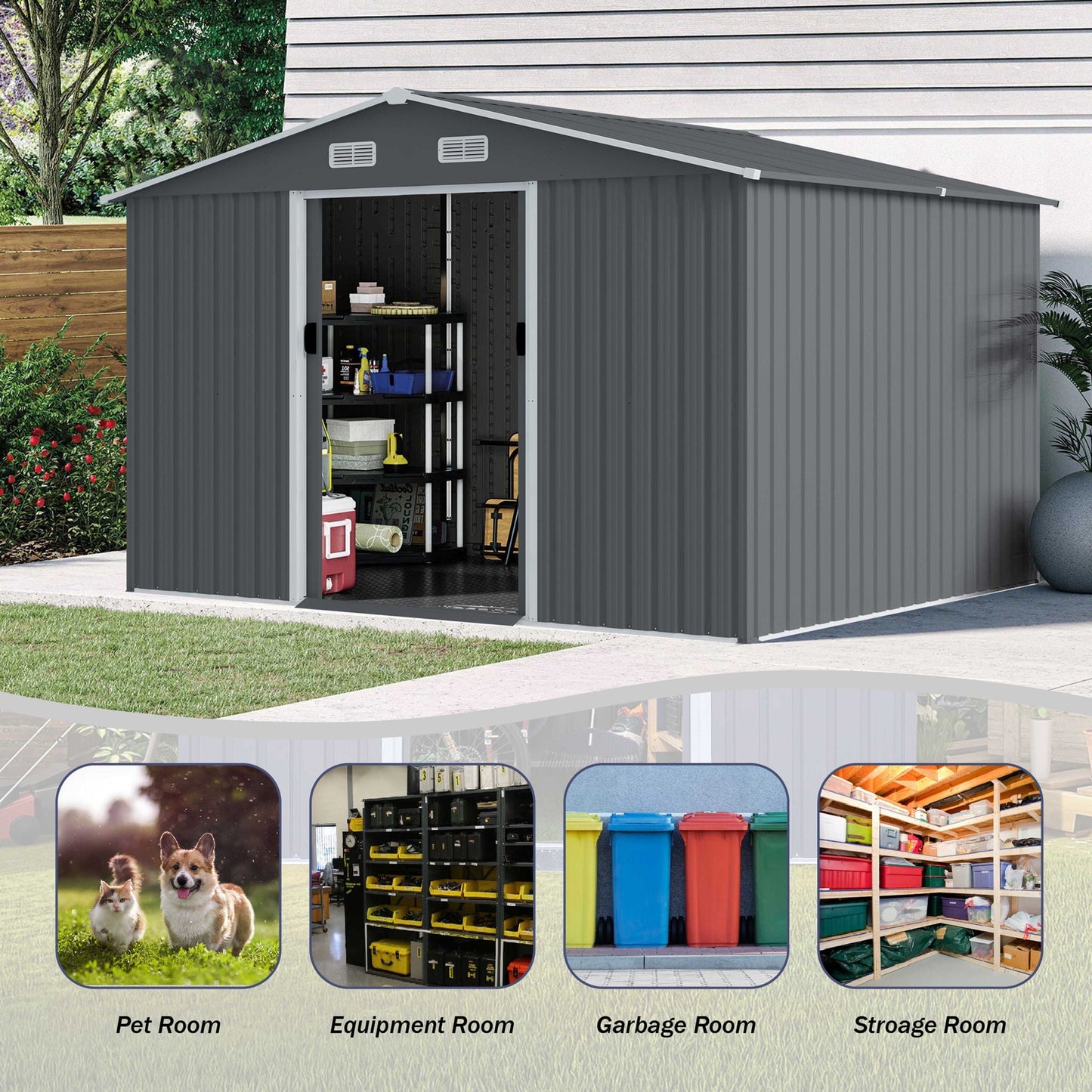 Large Metal Storage Shed and Heavy Sliding Doors