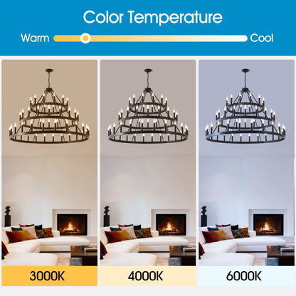 3 Tiers Wagon Wheel Chandelier - 54-Light Matte Black Metal, shown in warm to cool color temps on Tampa Home & Garden Store