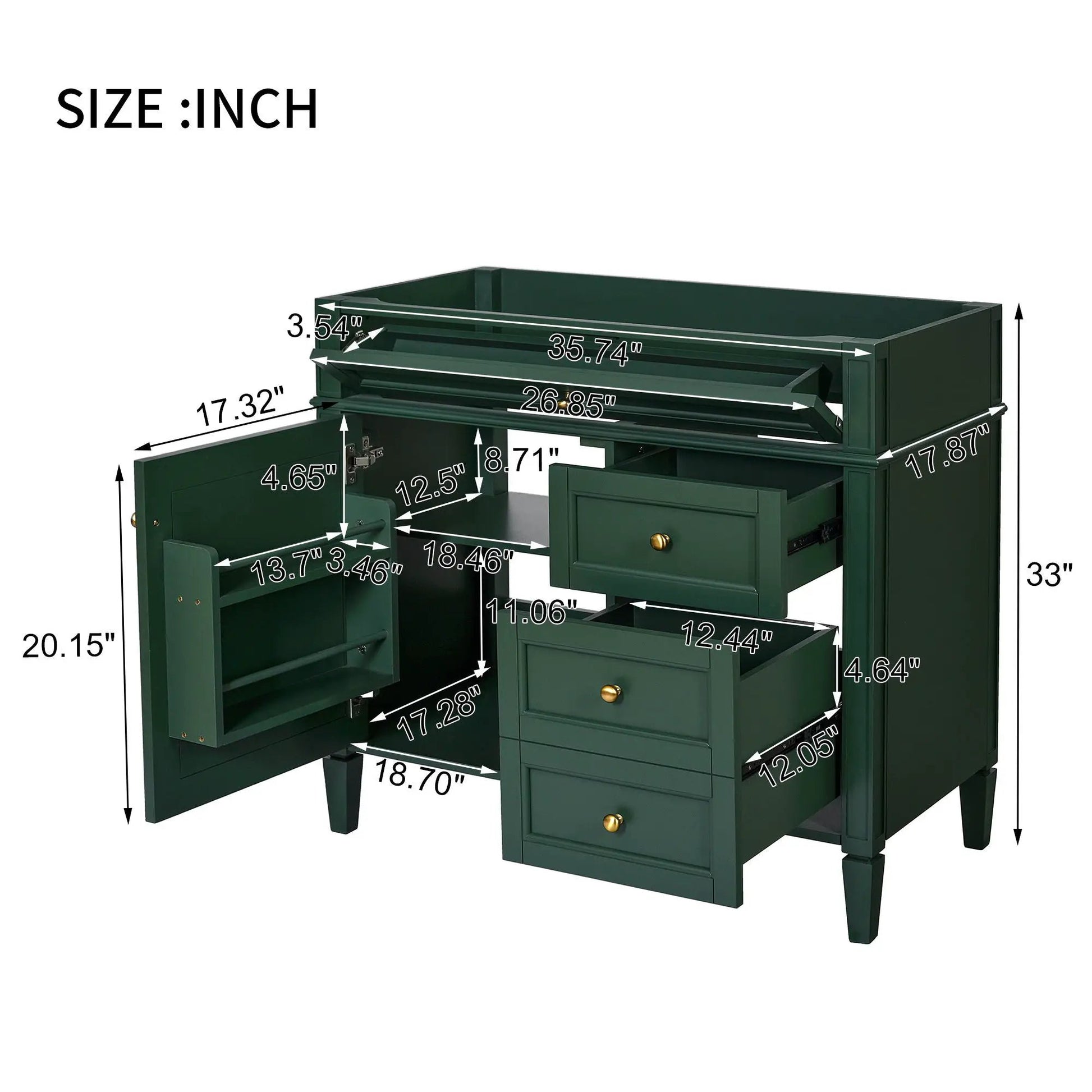 Bathroom vanity with 2 drawers and tip-out drawer in green; storage cabinet on Tampa Home & Garden Store