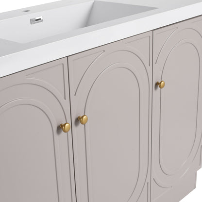 Freestanding bathroom vanity with soft-close doors, gray arched-panel doors, brass knobs on Tampa Home & Garden Store