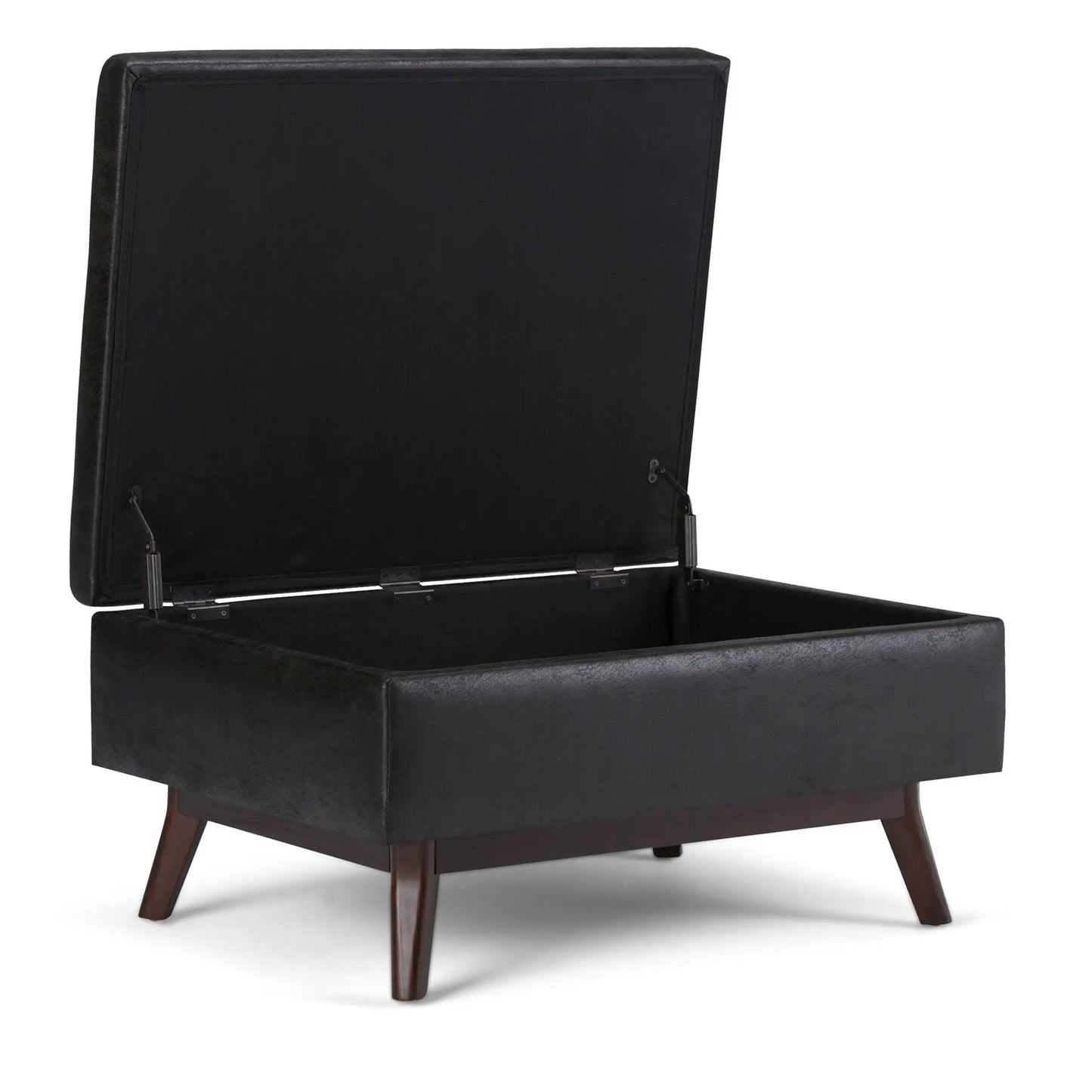 Owen Upholstered Rectangular Storage Ottoman, black faux leather, Unique Piece lid up on Tampa Home & Garden Store