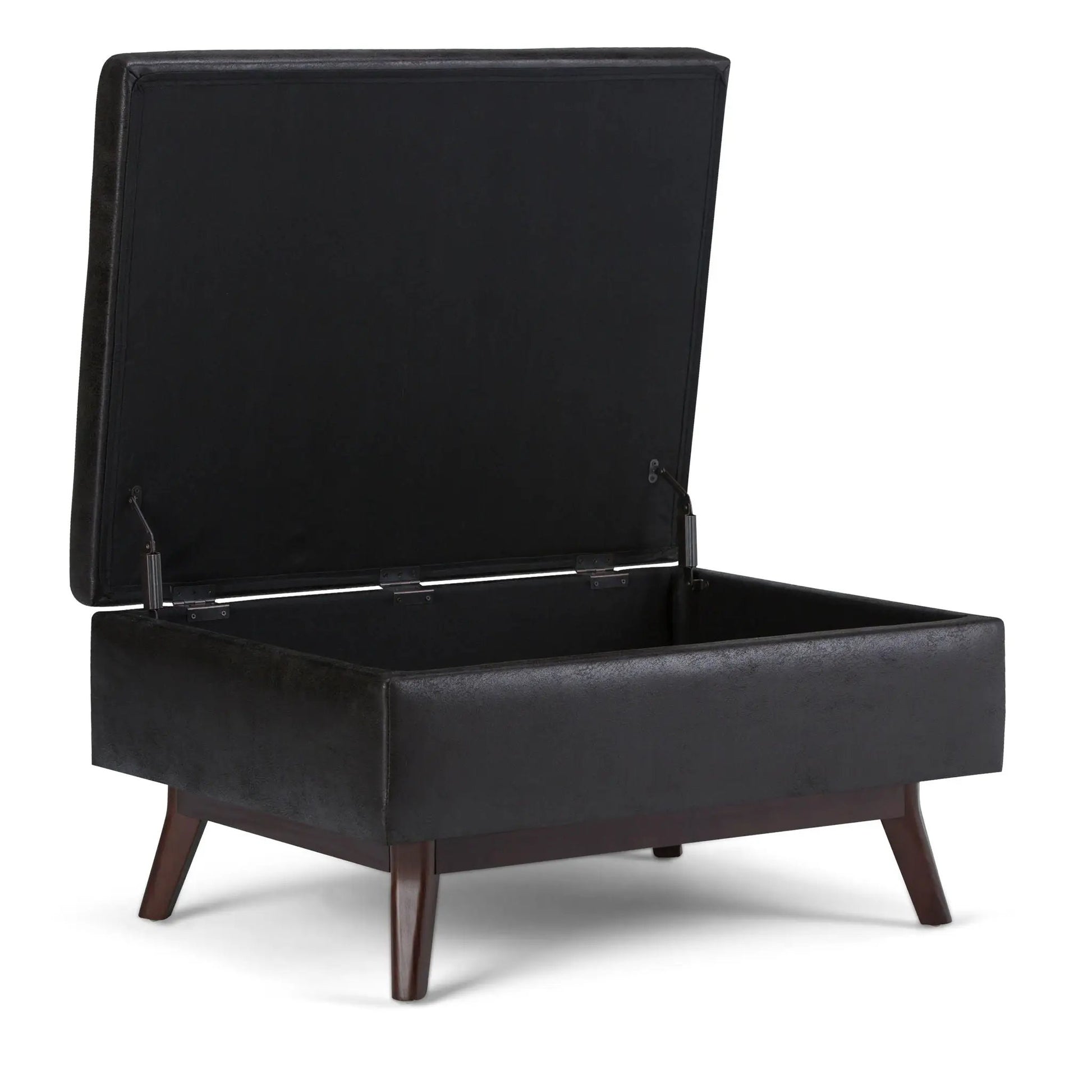 Owen Upholstered Rectangular Storage Ottoman, black faux leather, Unique Piece lid up on Tampa Home & Garden Store