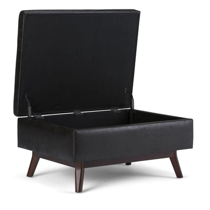 Owen Upholstered Rectangular Storage Ottoman, black faux leather, Unique Piece lid up on Tampa Home & Garden Store
