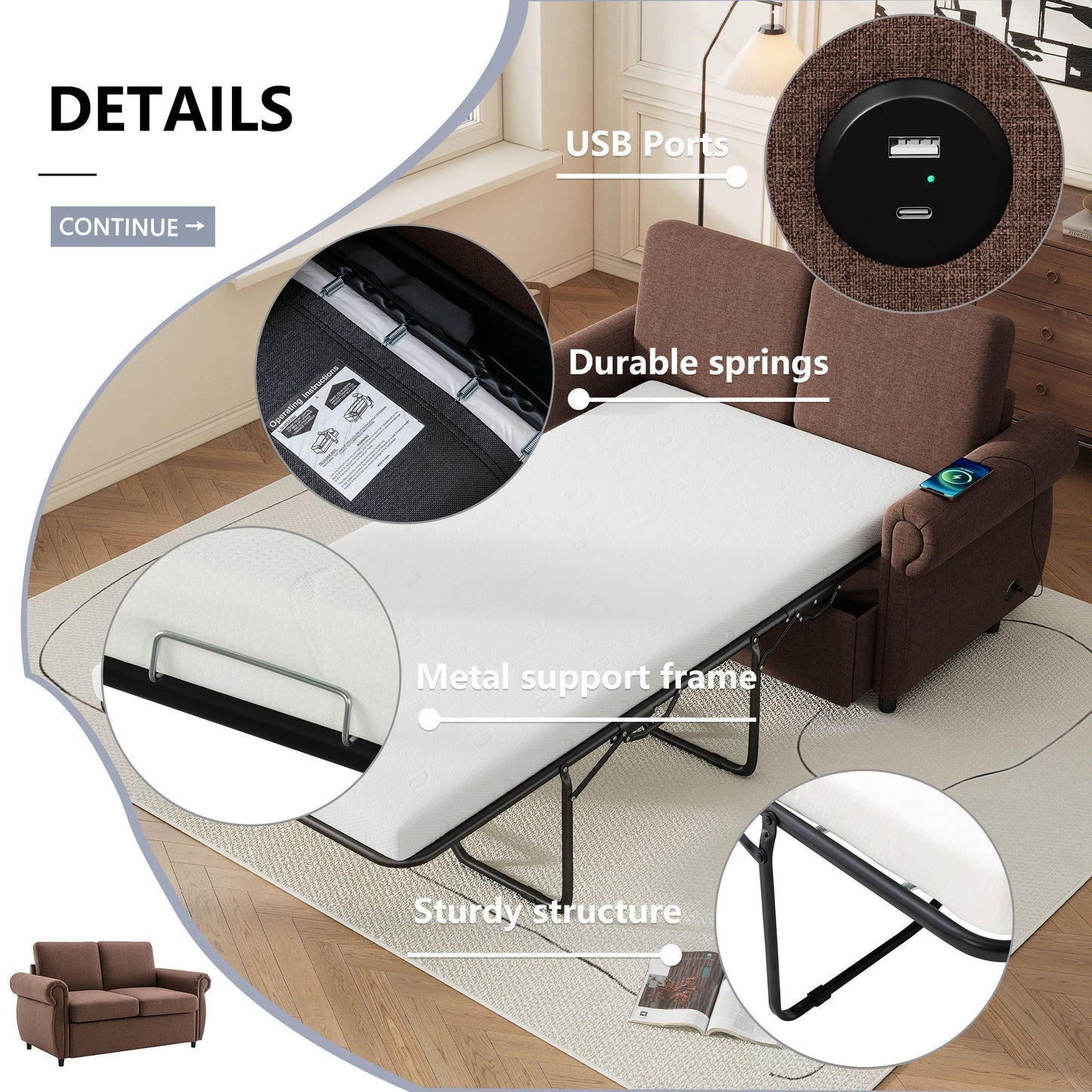 Pull Out Sofa Bed With Twin Memory Foam Mattress