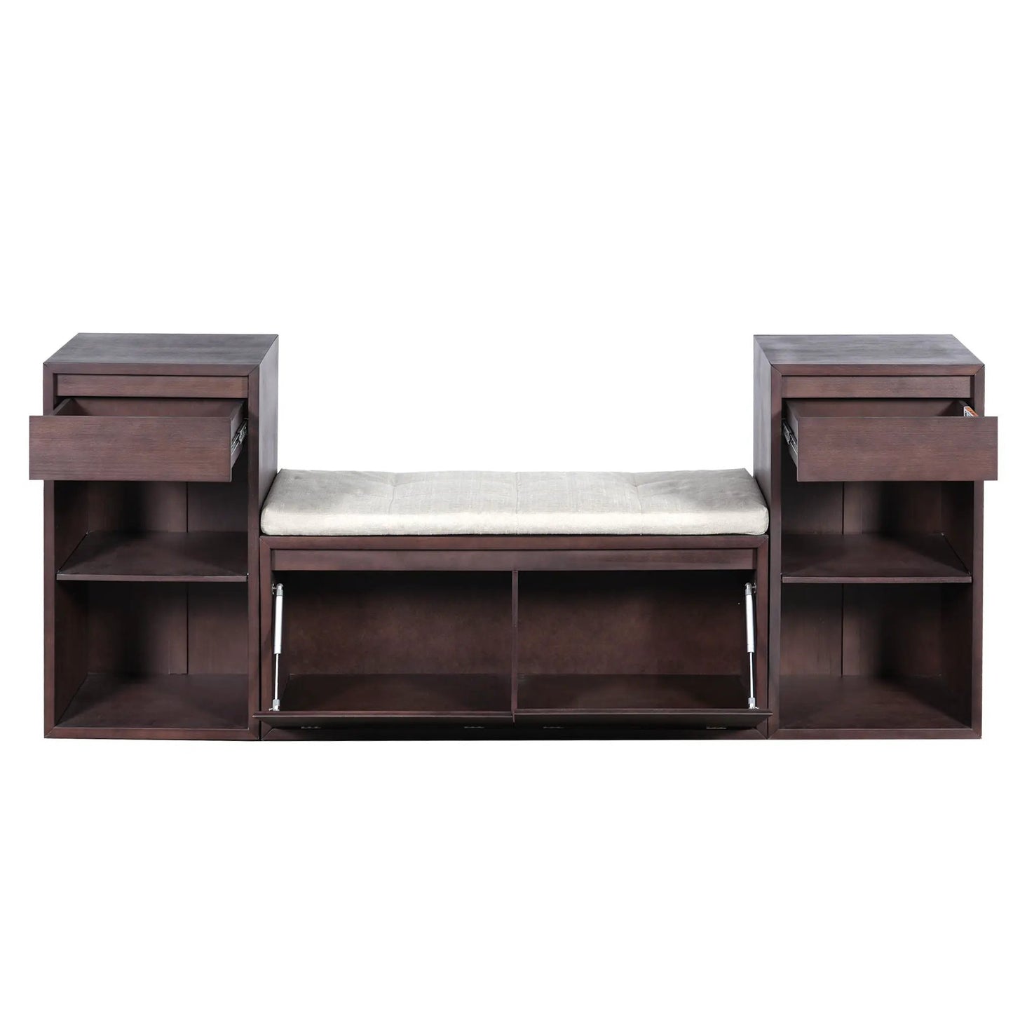 Entryway storage bench with cushion, drawers & shelves in dark wood by Unique Piece Furniture on Tampa Home & Garden Store
