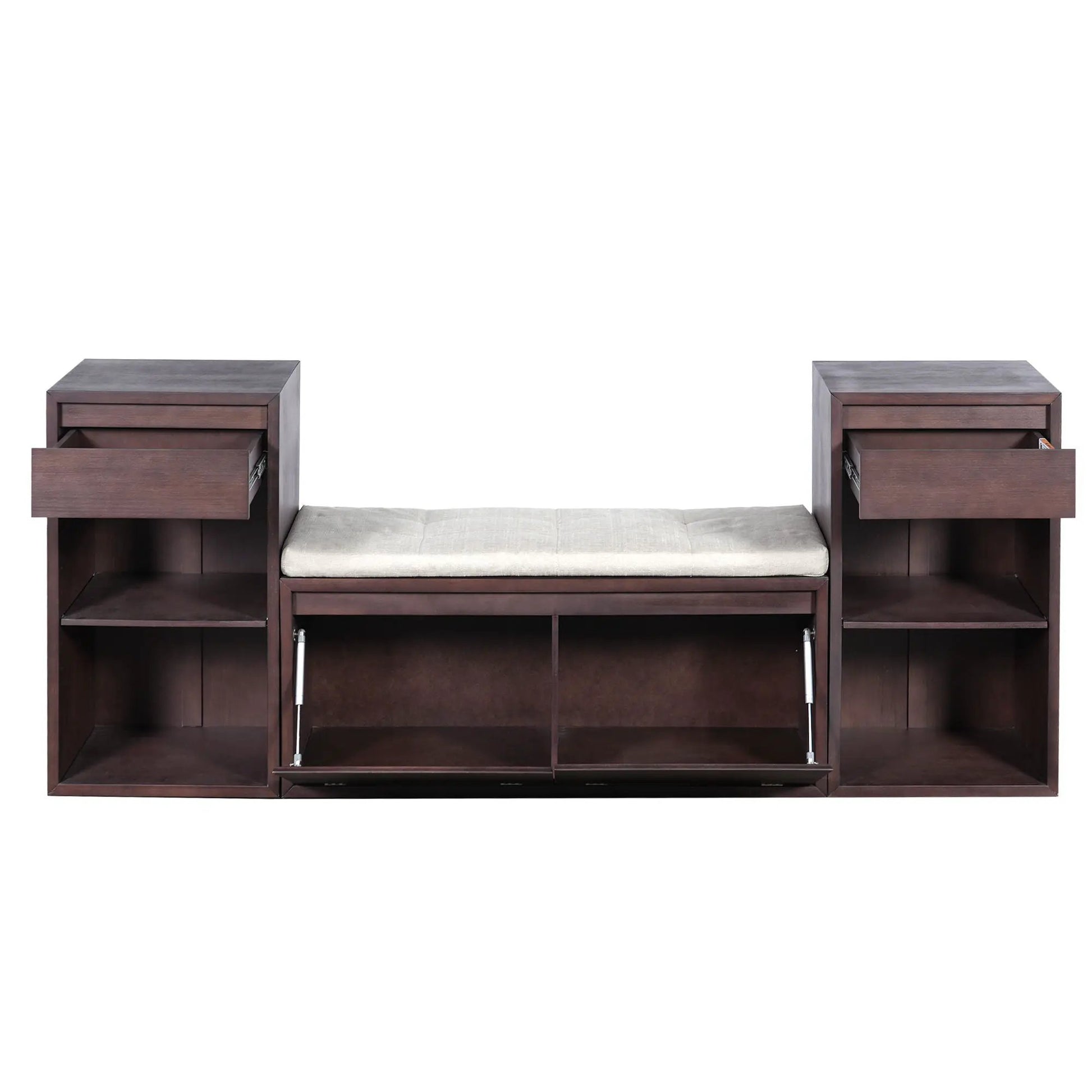 Entryway storage bench with cushion, drawers & shelves in dark wood by Unique Piece Furniture on Tampa Home & Garden Store