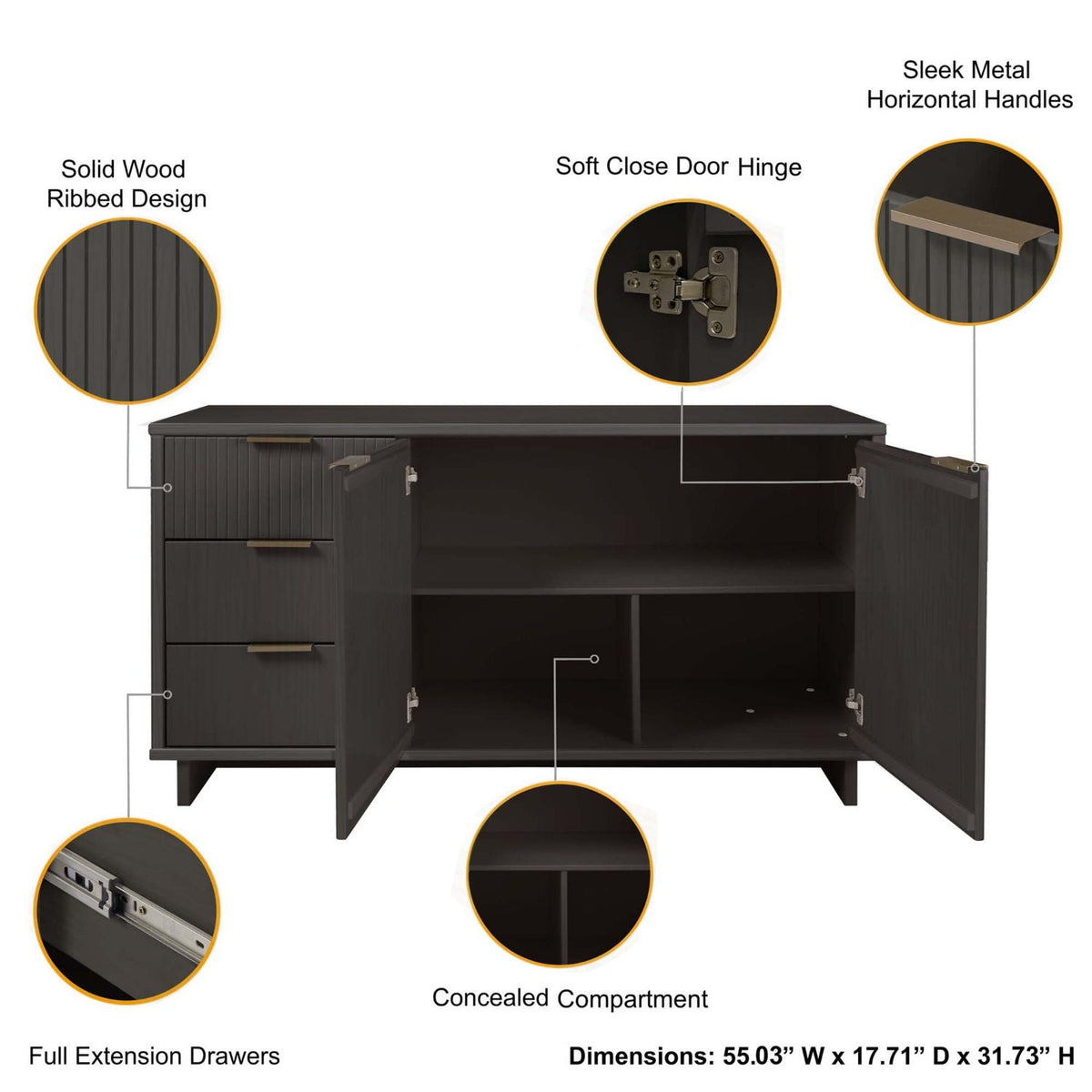 Granville Sideboard with Full Extension Drawers dark finish, ribbed panels HouseOfZazla on Tampa Home & Garden Store