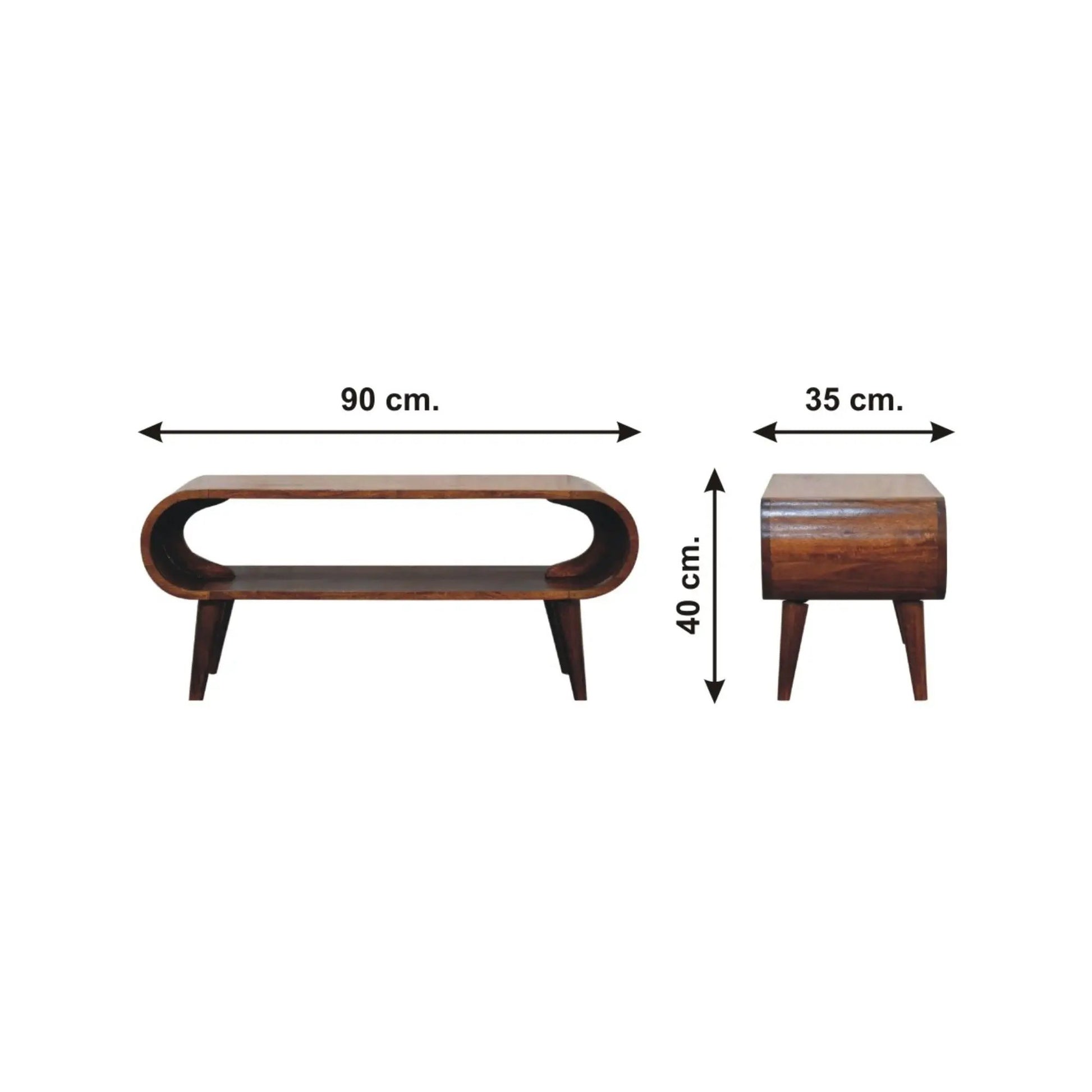 Amaya Nordic style wooden coffee table with curved open-frame design in dark walnut on Tampa Home & Garden Store