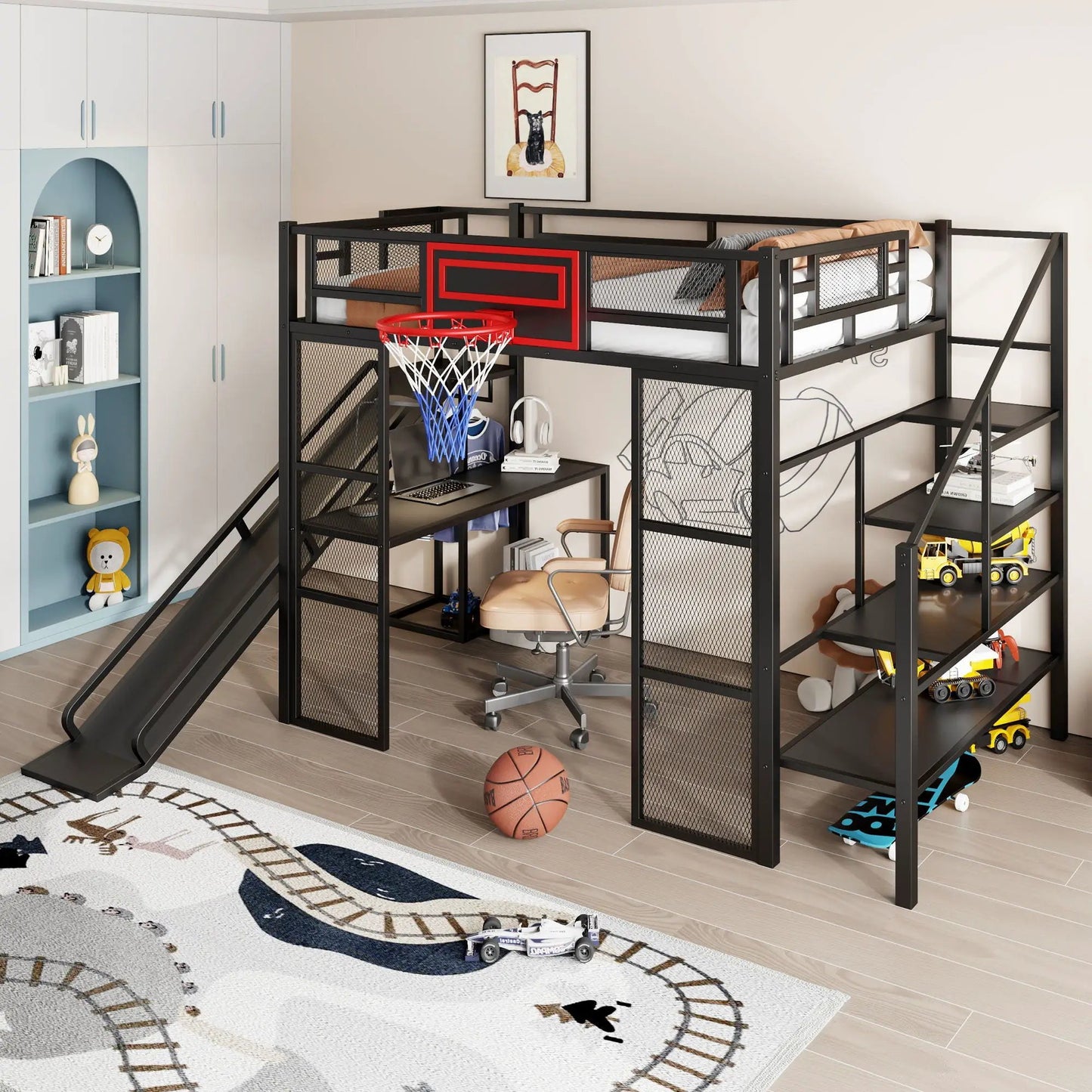 Loft bed with desk, wardrobe, basketball hoop, slide and staircase in black metal frame on Tampa Home & Garden Store