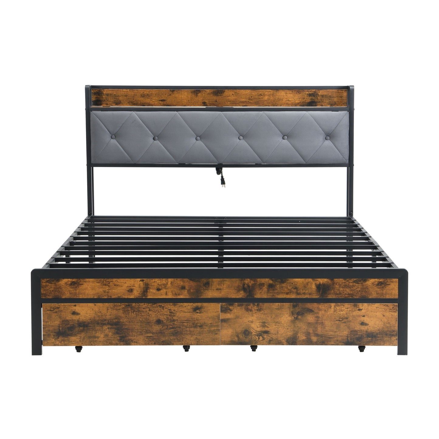 Modern bed frame with gray tufted headboard, wood trim, black metal frame, storage drawers on Tampa Home & Garden Store
