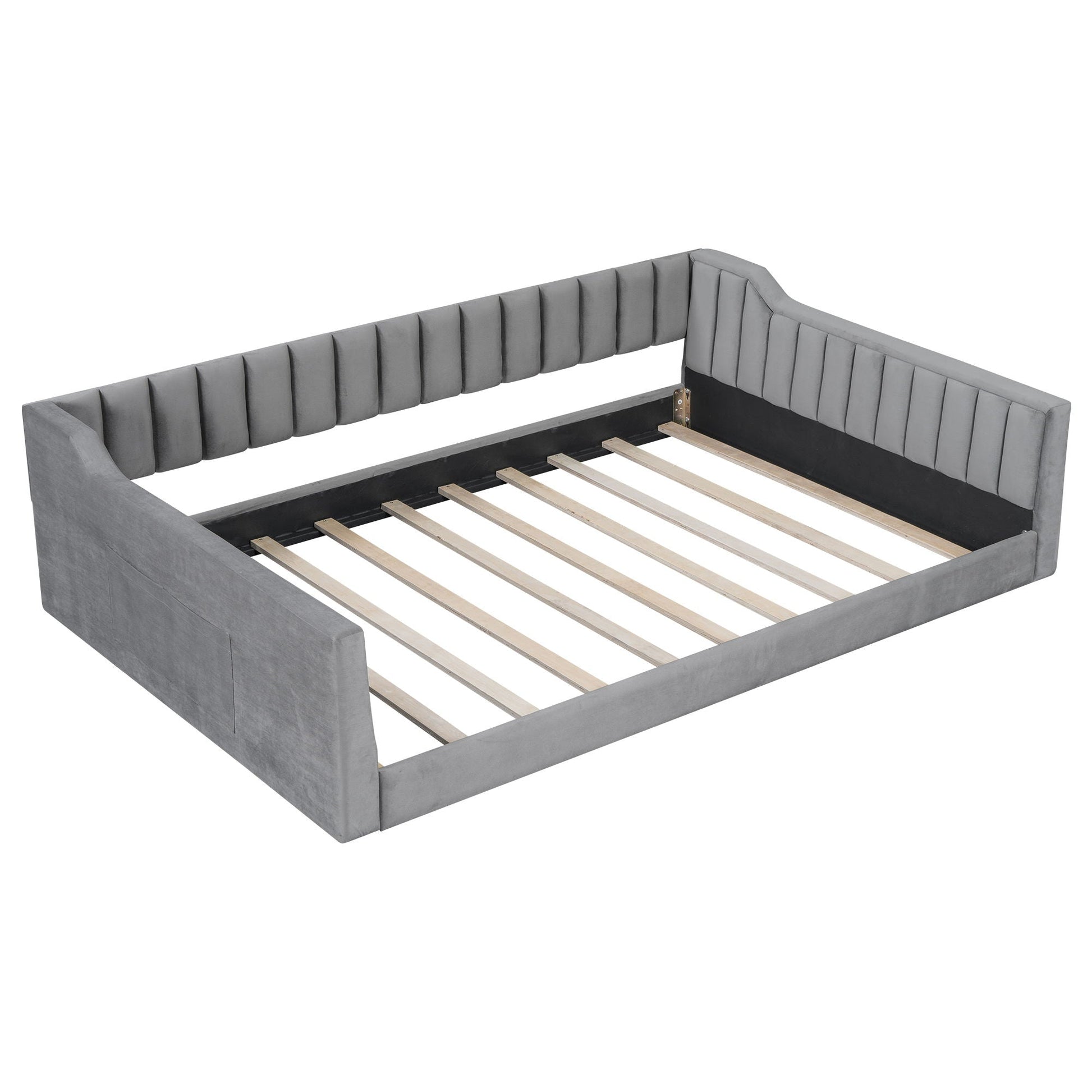 Daybed with side storage pocket gray upholstered frame with vertical tufting and slat base on Tampa Home & Garden Store