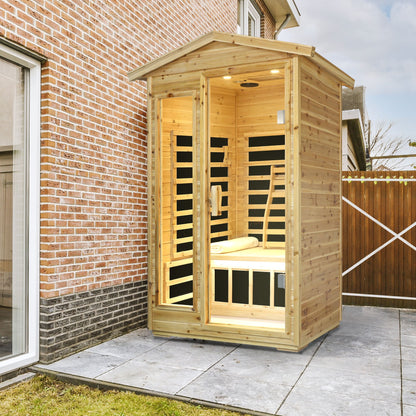 Two Person Far Infrared Old Fir Outdoor Sauna Room by HouseOfZazla in wood with glass door on Tampa Home & Garden Store