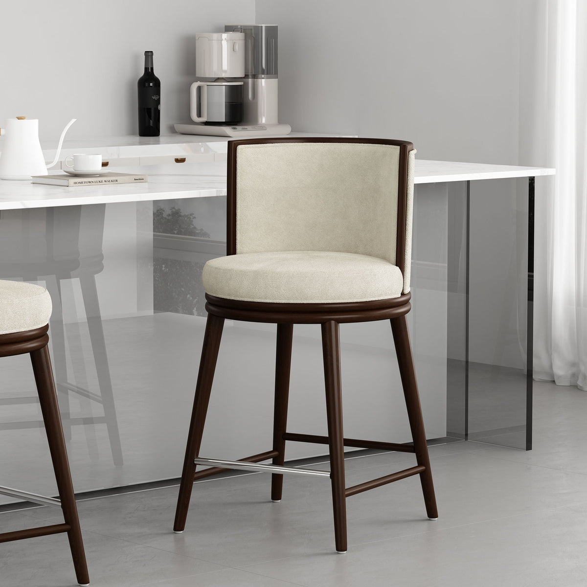 Evalyn Counter Stool beige fabric seat and back with dark wood legs, counter height on Tampa Home & Garden Store