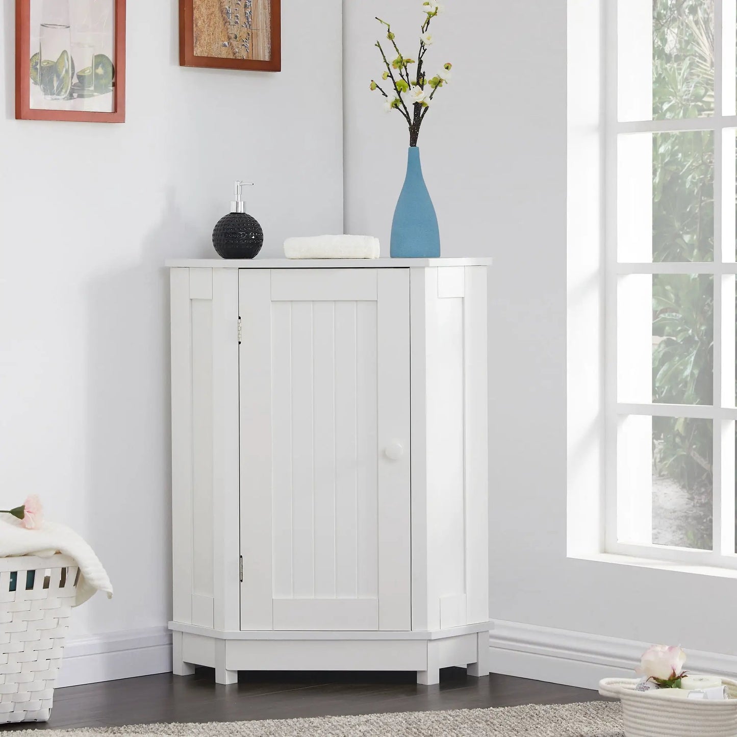 White triangle corner bathroom cabinet with adjustable shelf, modern linen cabinet on Tampa Home & Garden Store