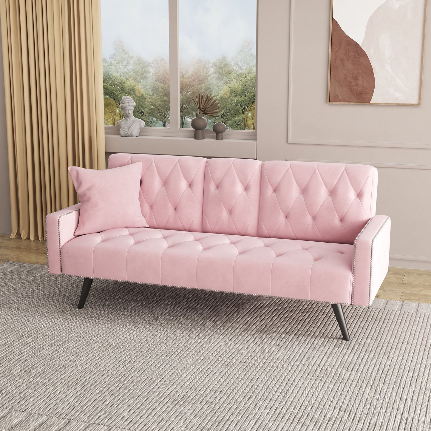 Pink Velvet Sofa Bed With Nailhead And The Frame