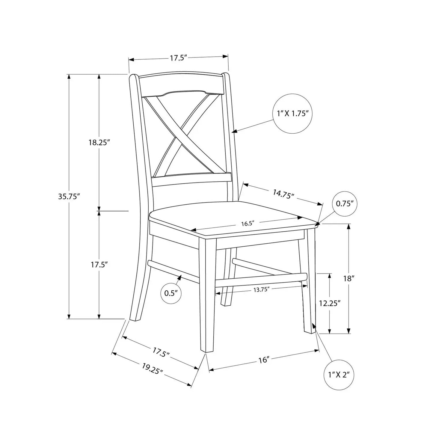 Dining chair set of 2, side chairs with X-back cross design, wooden frame, measurements shown on Tampa Home & Garden Store