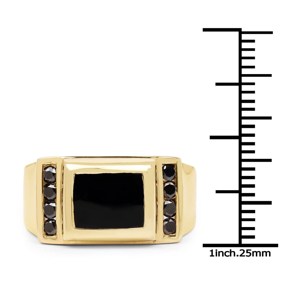 Gold-tone ring with square black onyx centerpiece flanked by rows of black diamonds on Tampa Home & Garden Store