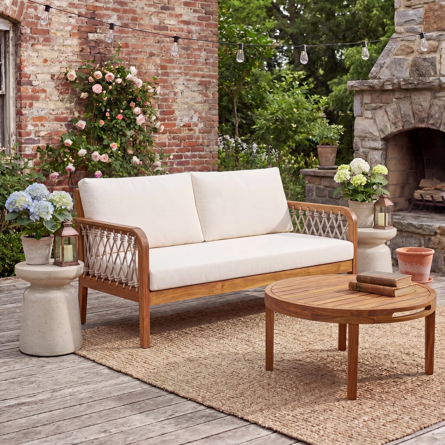 Outdoor Acacia Wood Loveseat and Coffee Table Set
