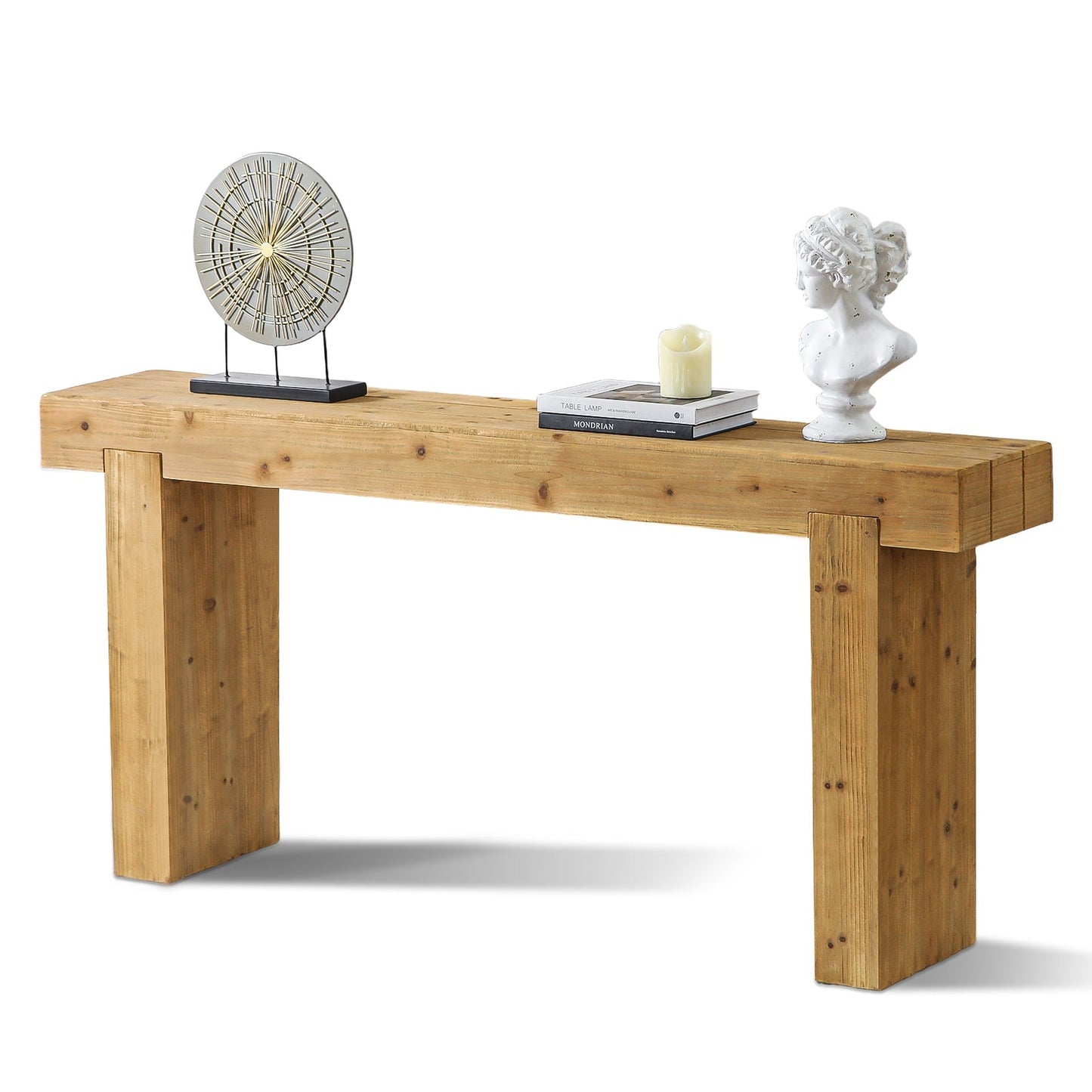 63-inch solid wood console table rustic farmhouse style with sunburst sculpture, candle, white bust on Tampa Home & Garden Store