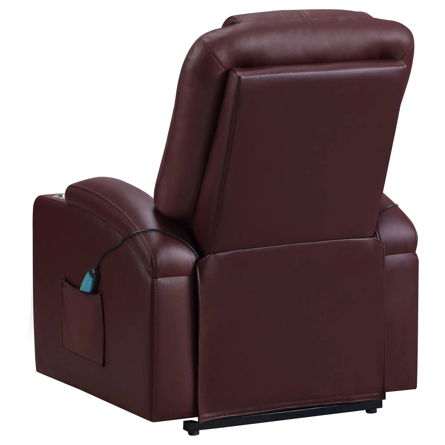 Macklin Power Lift Massage Recliner in burgundy leather with dual cupholders on Tampa Home & Garden Store