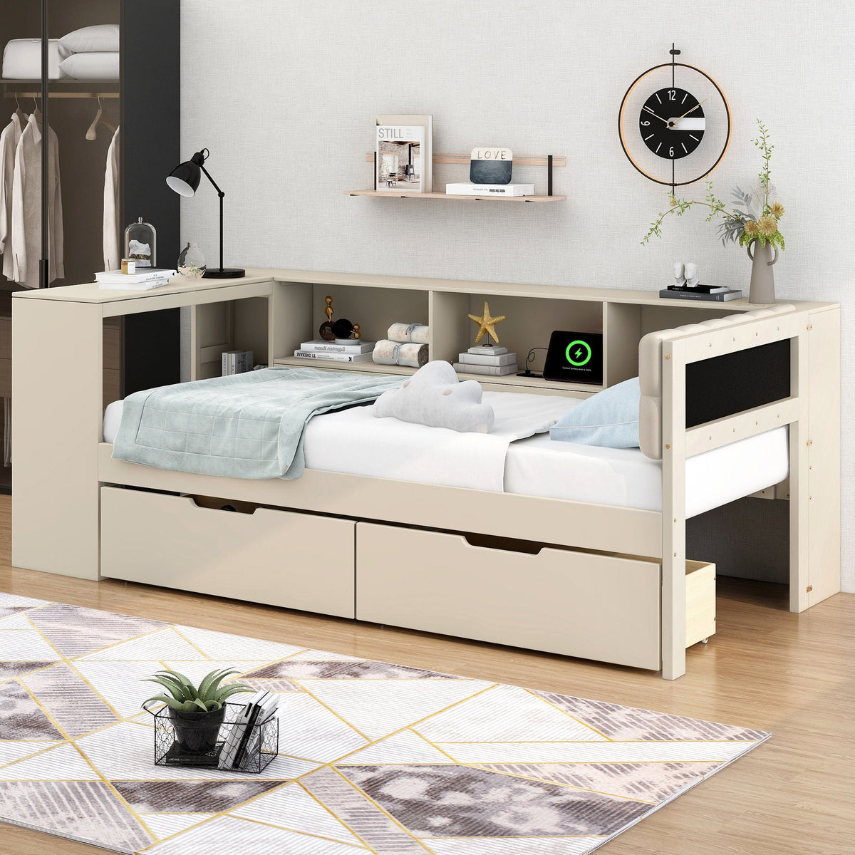 Upholstered platform bed with storage drawers and charging station in beige by HouseOfZazla on Tampa Home & Garden Store