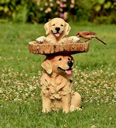 Garden resin dog statue featuring two tan dogs with a wooden tray and a perched bird on Tampa Home & Garden Store