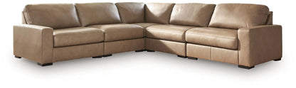 Veronella Sectional in tan leather with plush cushions, L-shaped on Tampa Home & Garden Store