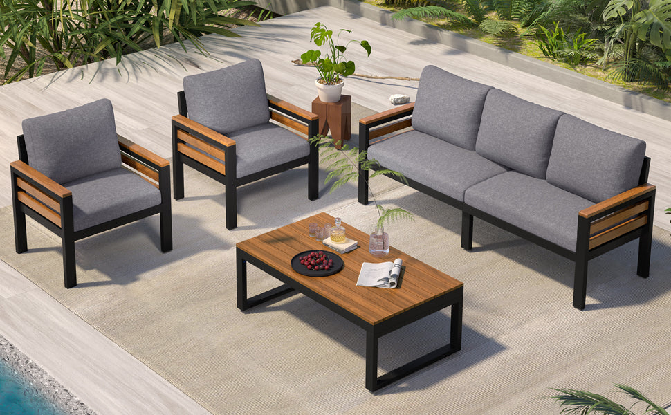 GO 4-Piece Outdoor Sofa Set for 5 People by HouseOfZazla, gray cushions, wood armrests on Tampa Home & Garden Store
