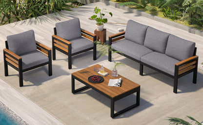 GO 4-Piece Outdoor Sofa Set for 5 People by HouseOfZazla, gray cushions, wood armrests on Tampa Home & Garden Store