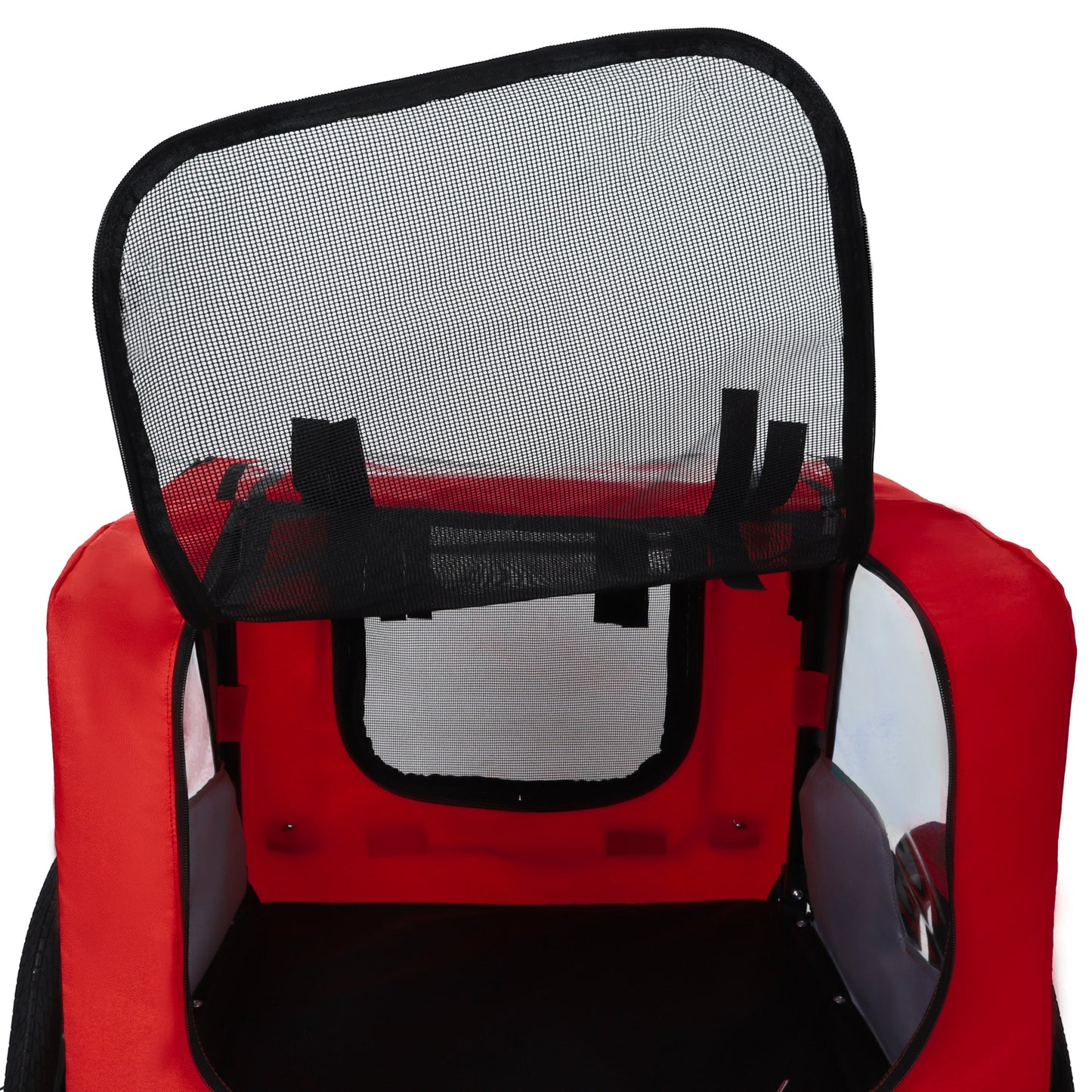 Pet bike trailer dog cart, red fabric with black mesh window, HouseOfZazla on Tampa Home & Garden Store
