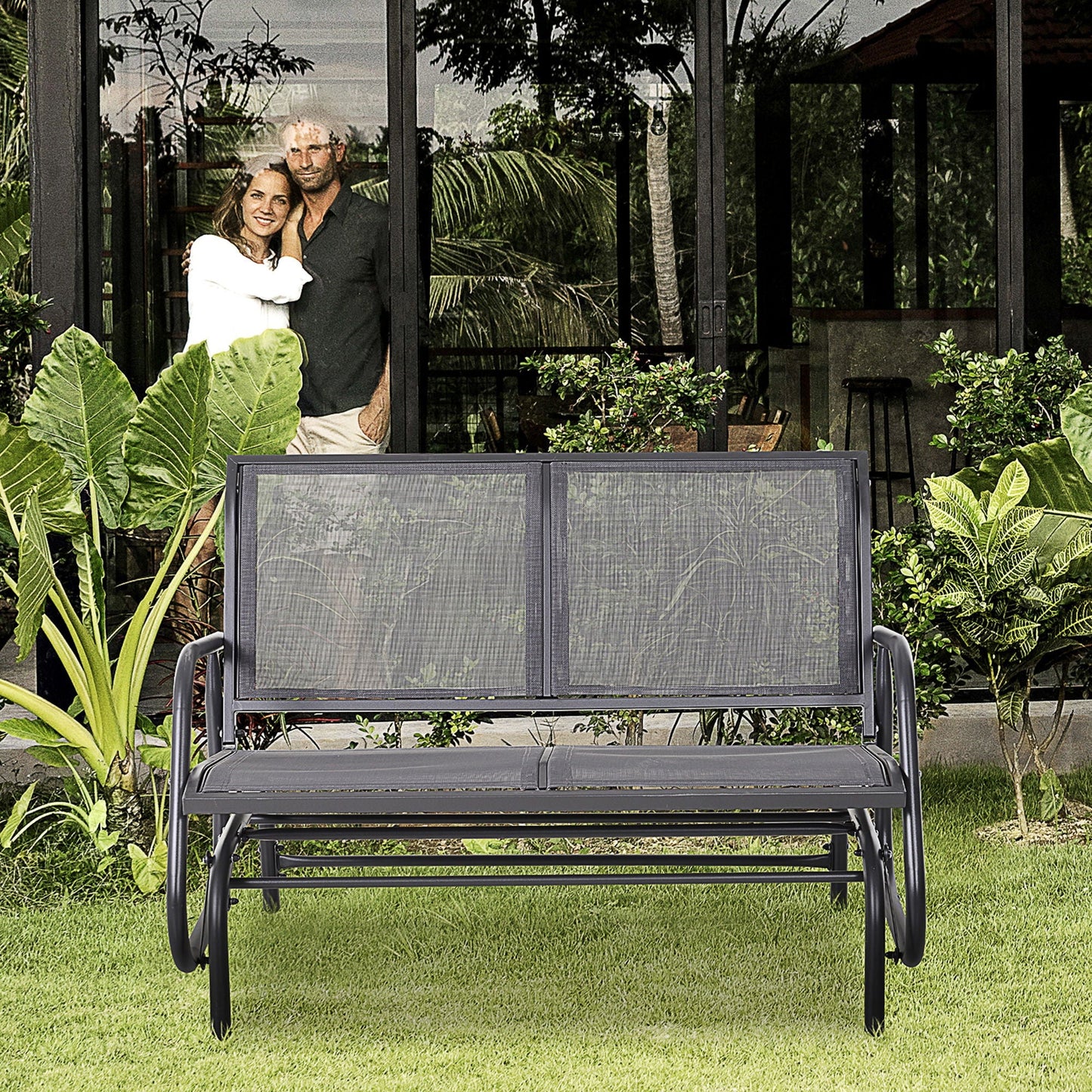 Outsunny 2-person outdoor glider bench gray with powder-coated steel frame for backyard garden porch on Tampa Home & Garden Store