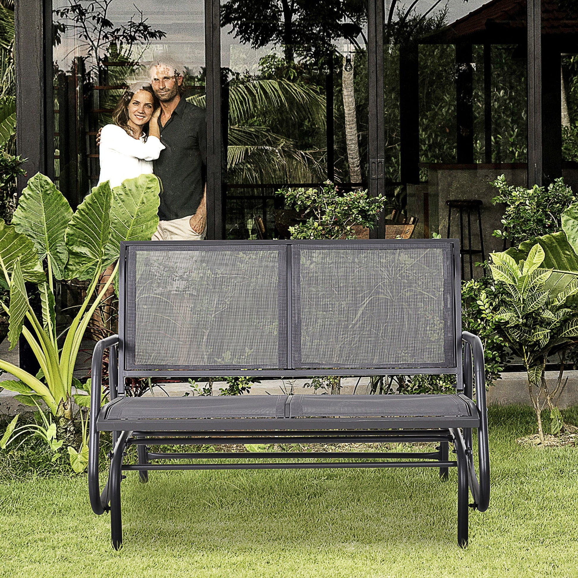 Outsunny 2-person outdoor glider bench gray with powder-coated steel frame for backyard garden porch on Tampa Home & Garden Store