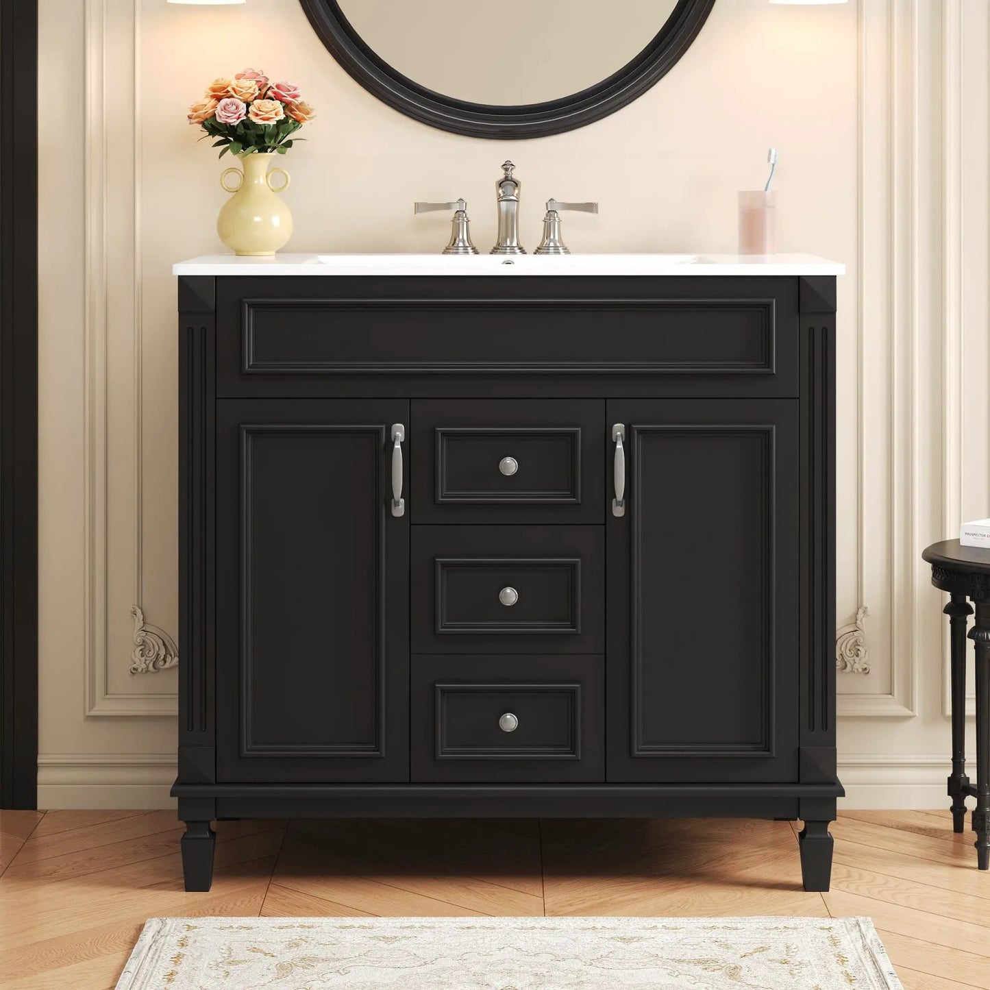 Bathroom vanity with white top, black cabinet, chrome faucet, 2 soft-closing doors and 2 drawers on Tampa Home & Garden Store