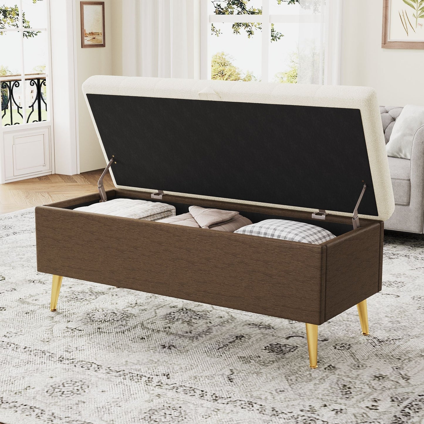 Modern tufted storage ottoman bench in beige fabric with gold legs lift-top storage on Tampa Home & Garden Store