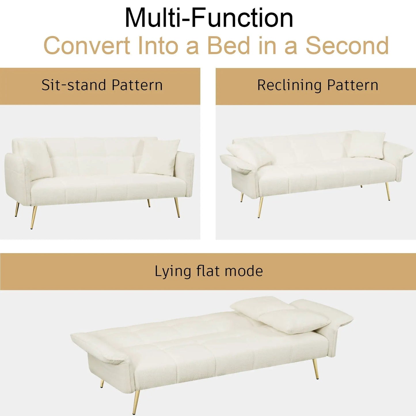 Convertible double futon sofa bed with folding armrests, cream upholstery, two white sofas on Tampa Home & Garden Store