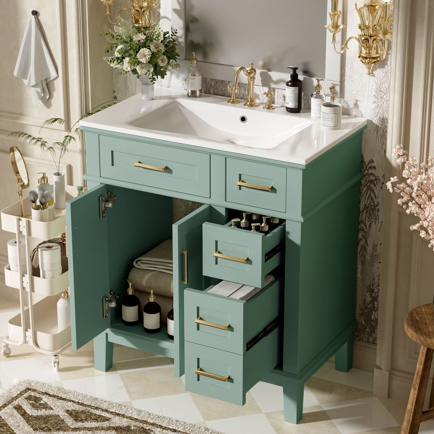 Modern bathroom vanity with sink, teal cabinet, deep & standard drawers, HouseOfZazla on Tampa Home & Garden Store