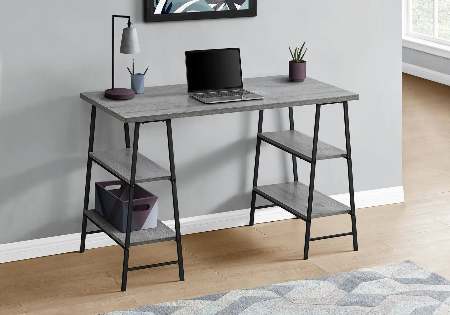 Computer desk for home office with storage shelves and industrial gray wood top on Tampa Home & Garden Store