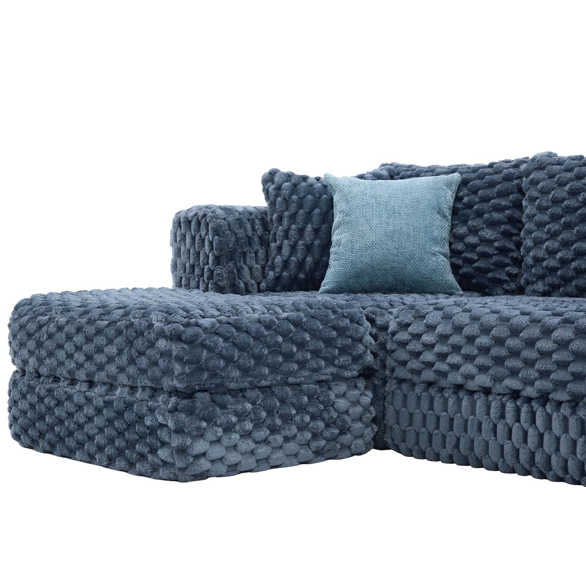 Modular Sectional Sofa in blue chunky-knit upholstery with a textured light blue throw pillow on Tampa Home & Garden Store