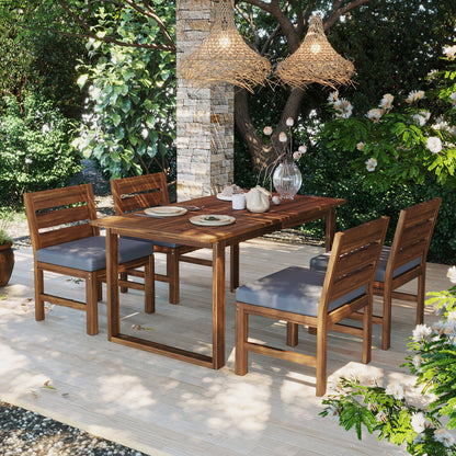 U_STYLE Farmhouse 5-Piece Patio Dining Set by HouseOfZazla, wooden table with blue cushions on Tampa Home & Garden Store