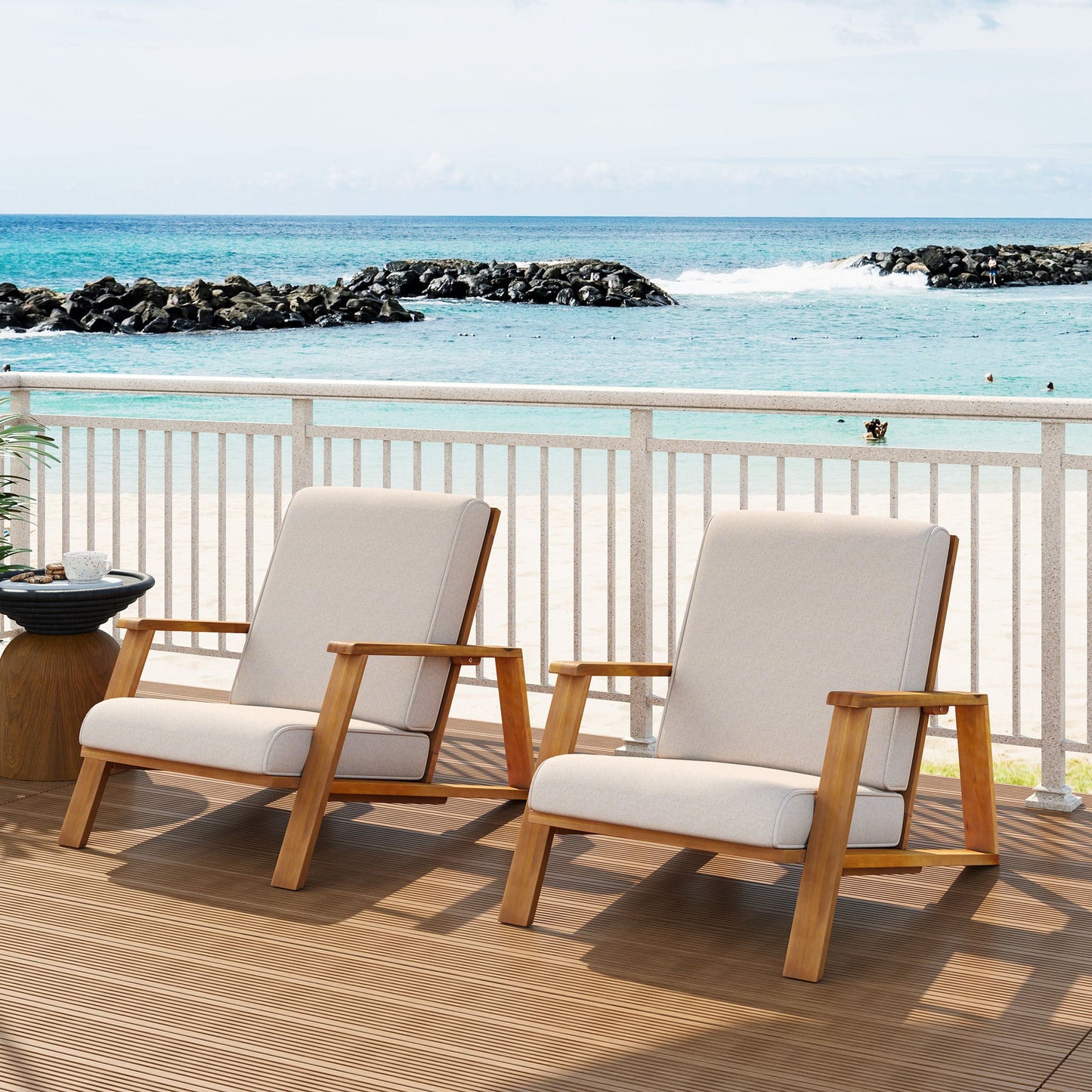 Outdoor Patio Lounge Chair Set of 2 beige cushions with wood frames on a seaside deck on Tampa Home & Garden Store