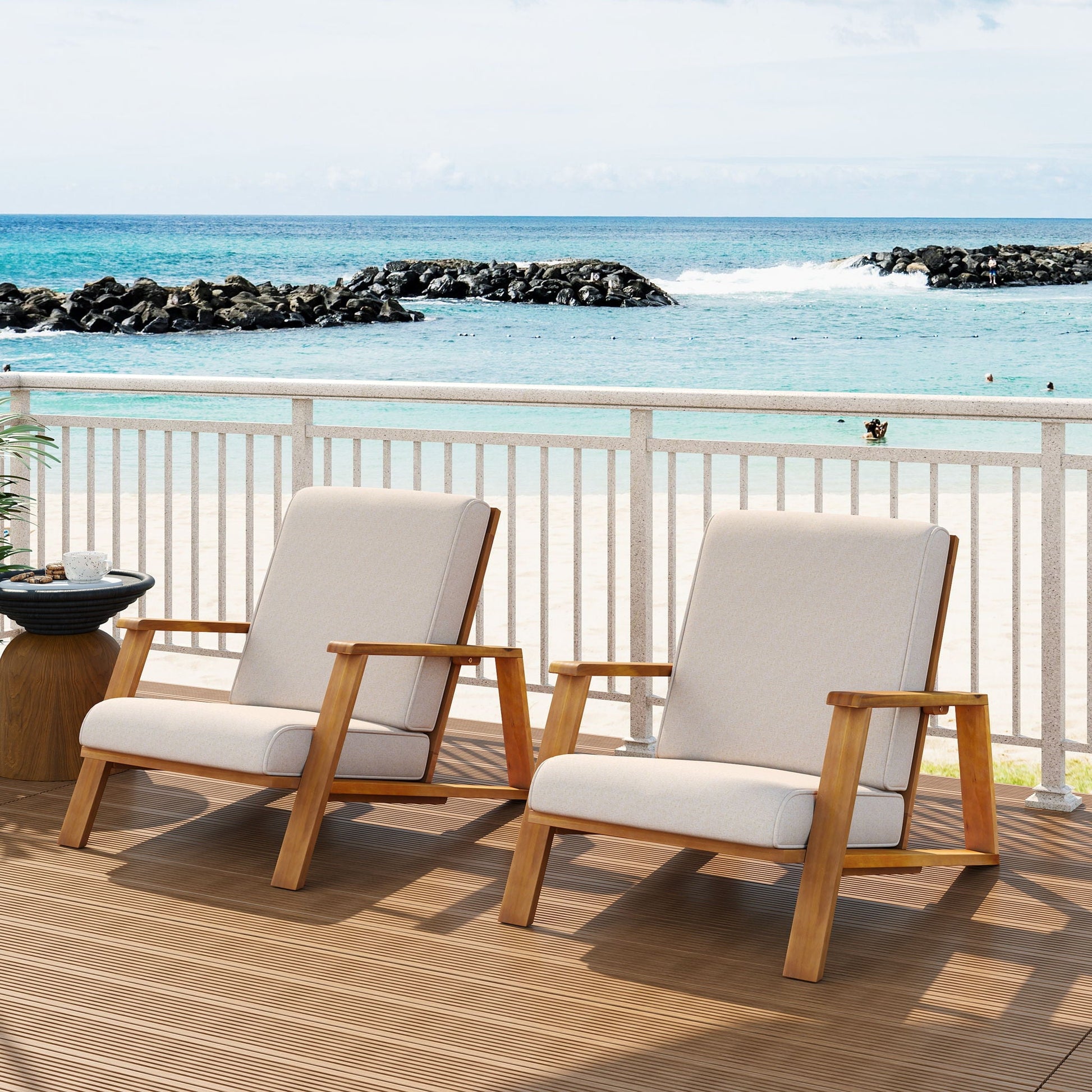 Outdoor Patio Lounge Chair Set of 2 beige cushions with wood frames on a seaside deck on Tampa Home & Garden Store