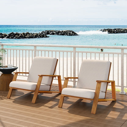 Outdoor Patio Lounge Chair Set of 2 beige cushions with wood frames on a seaside deck on Tampa Home & Garden Store